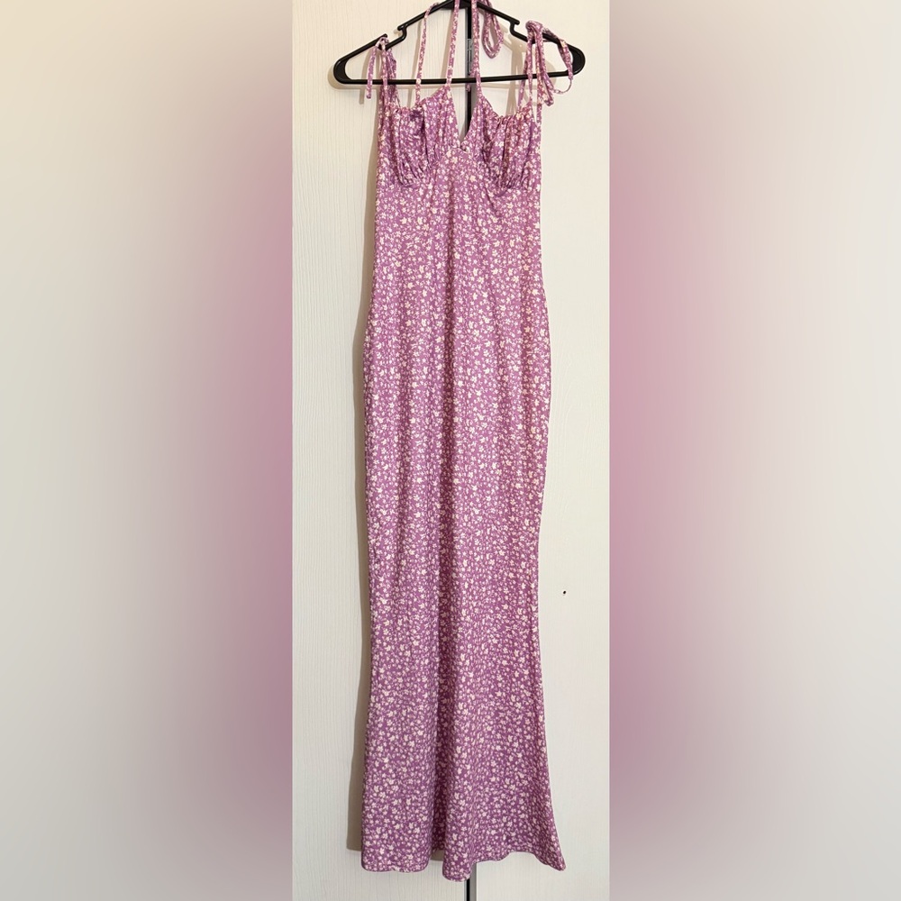 Purple Floral Halter Neck Maxi Dress